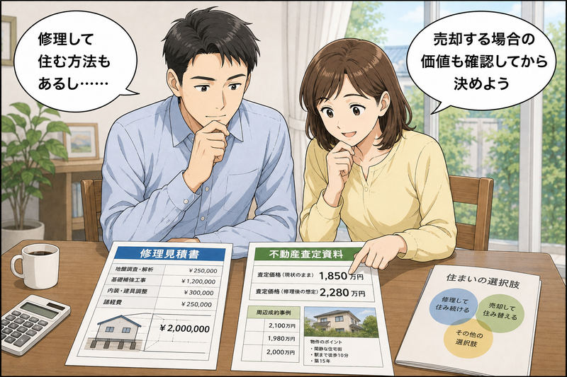 家の傾きの修理見積もりと不動産査定を比較する夫婦