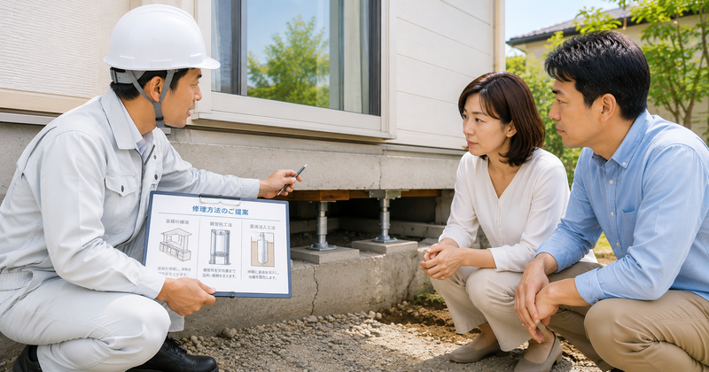傾いた家の地盤と基礎を調査して修理方法を説明する専門家