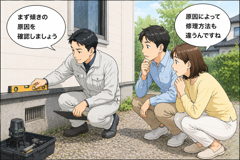 専門家が水平器などを使って家の傾きを調査する様子