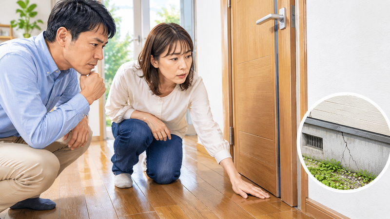 床やドアや基礎を確認して家の傾きの症状を調べる夫婦