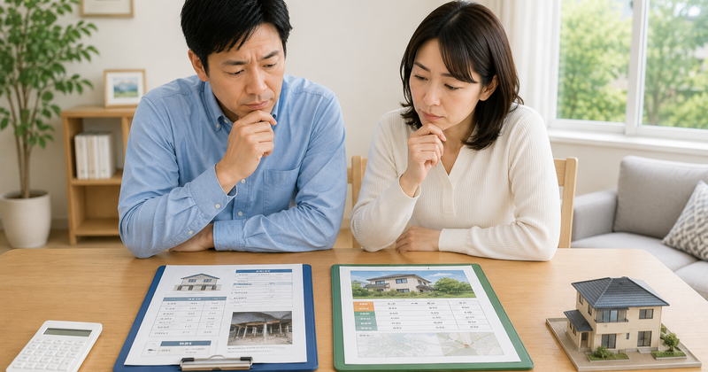 傾いた家を修理する場合と現状で売却する場合を比較する夫婦