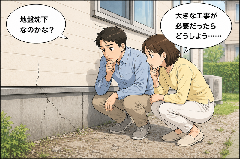 家の基礎や外壁を確認して地盤沈下を心配する夫婦