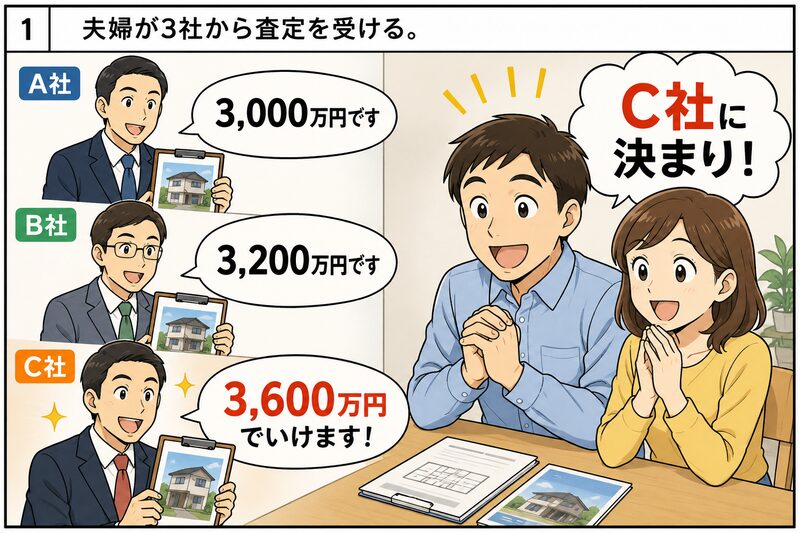 不動産売却で3社から査定を受け、最も高い査定額を提示した不動産会社を選ぶ夫婦