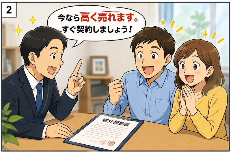 高く売れるという営業担当者の説明を信じ、不動産会社と媒介契約を結ぶ夫婦