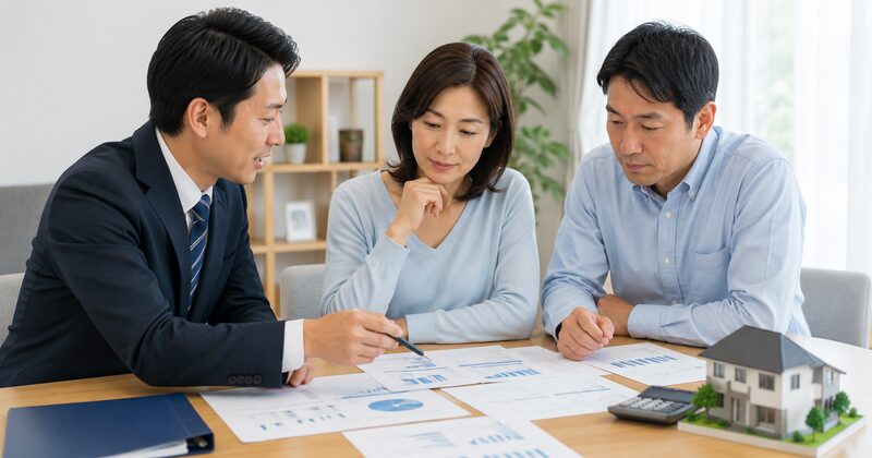 複数の査定資料を見ながら営業担当者の説明を聞く夫婦