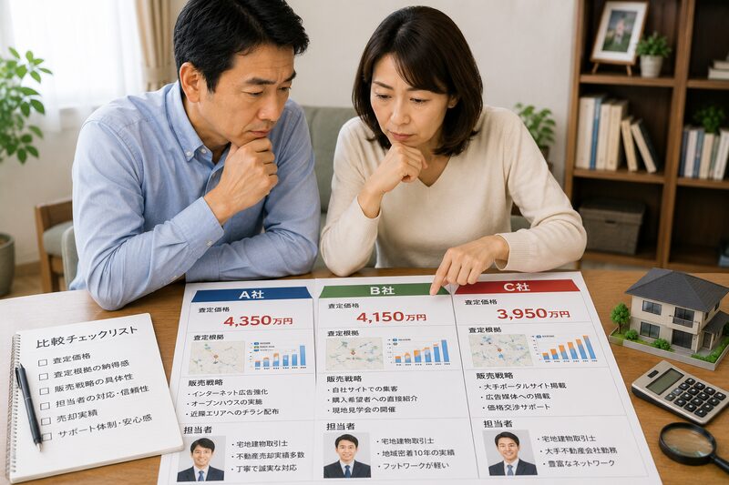 3社の査定資料と担当者を比較する夫婦
