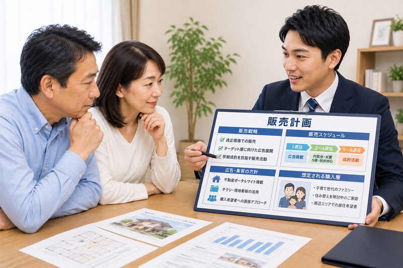 販売計画を夫婦へ説明する営業担当者