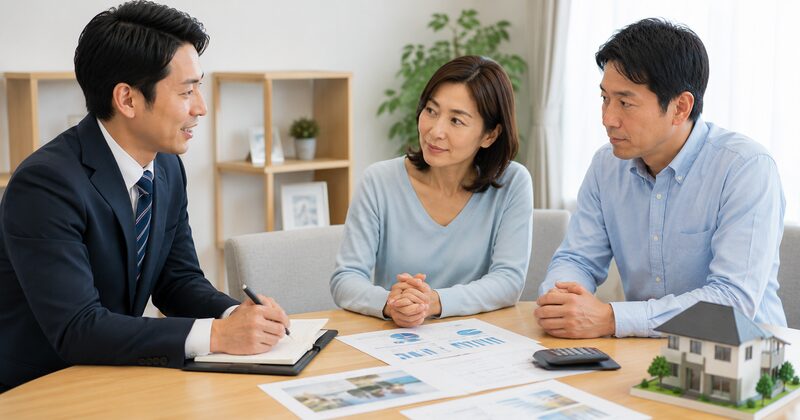 夫婦の希望をメモしながら丁寧に聞く営業担当者
