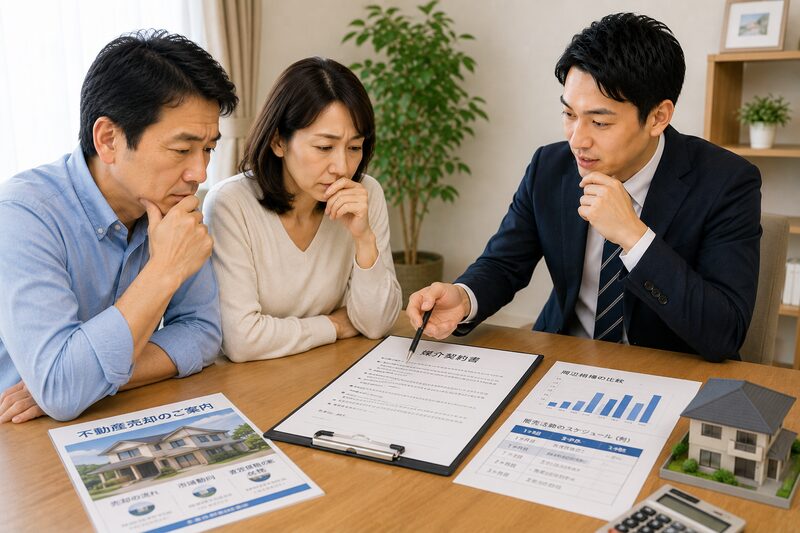 契約書を前に考える夫婦と営業担当者