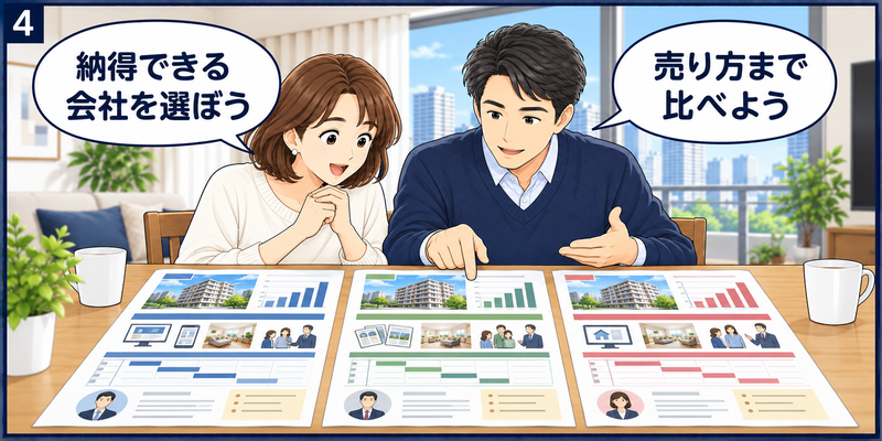 3社の査定根拠や販売方法、売却期間と担当者の説明を比較する夫婦
