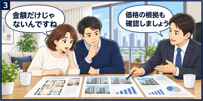 不動産会社の担当者からマンションの査定額の根拠について説明を受ける夫婦