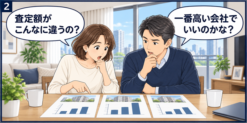 3社のマンション査定資料を並べ、査定額の違いを見て相談する夫婦