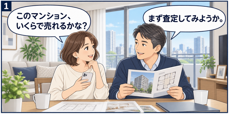 自宅マンションの売却を考え、査定について相談する40~50代の夫婦