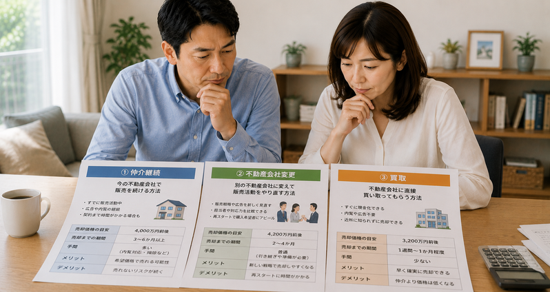 仲介継続・不動産会社変更・買取の3つの方法を比較する夫婦