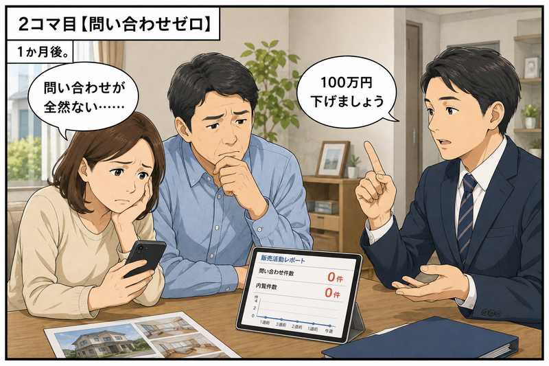 売却開始から1か月問い合わせがなく、不動産営業担当者から100万円の値下げを提案される夫婦
