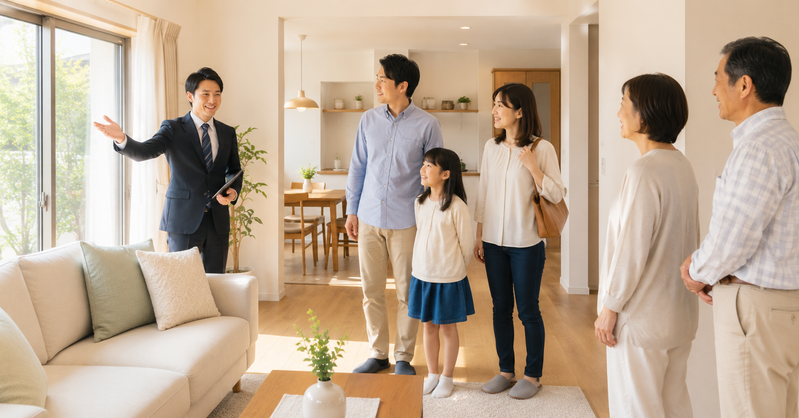 明るく整理されたリビングを内覧する家族と売主
