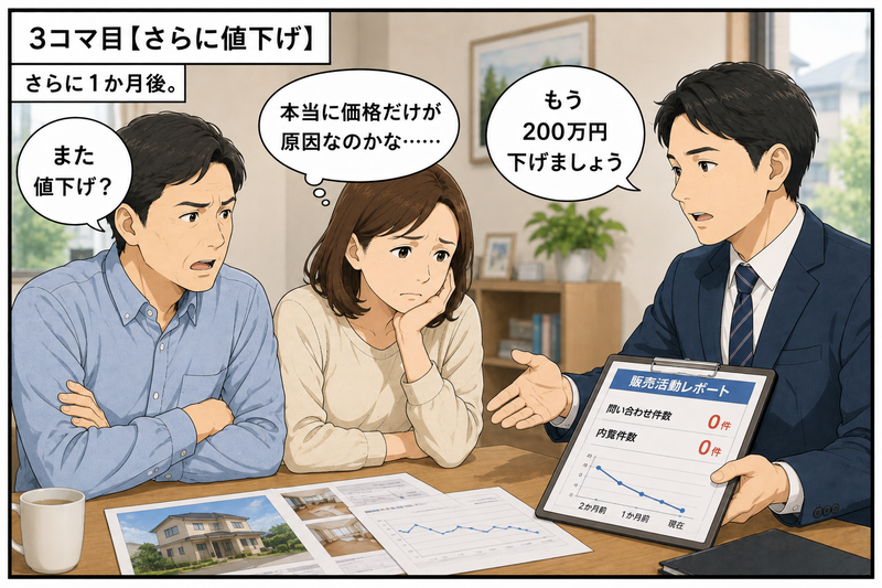 家が売れず再び200万円の値下げを提案され、価格以外にも売れない原因があるのではと悩む夫婦