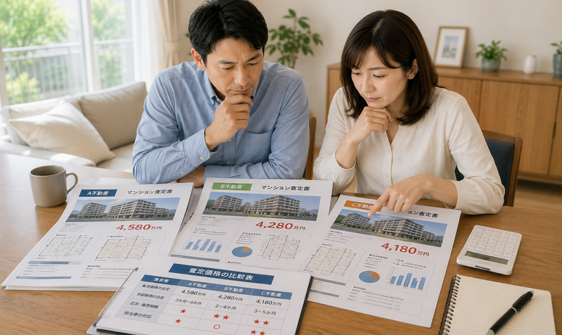 複数社から届いたマンション査定資料を比較する夫婦