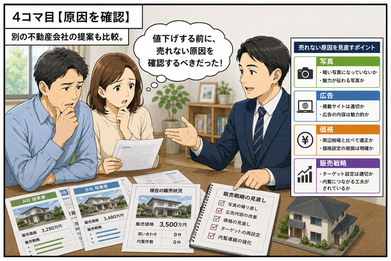 別の不動産会社の提案を比較し、値下げ前に写真・広告・価格・販売戦略など家が売れない原因を見直す夫婦