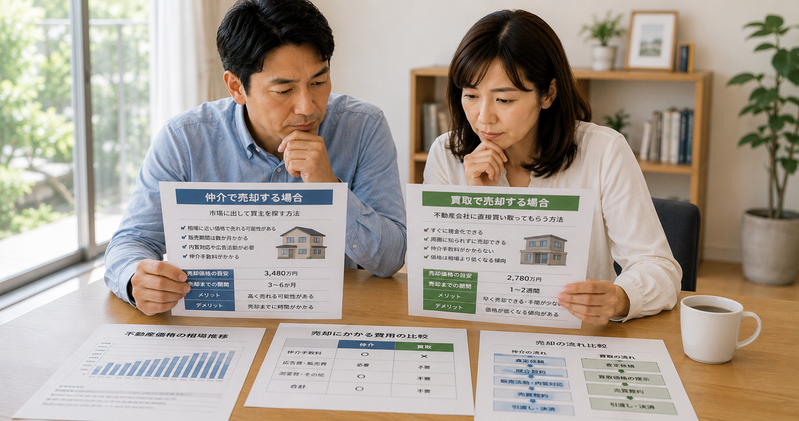 仲介と買取の2つの売却方法を比較する夫婦