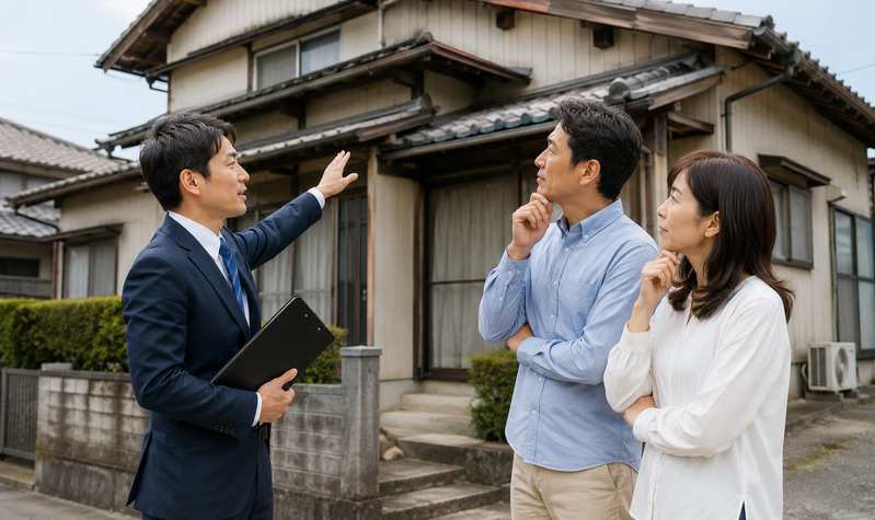 築年数の古い戸建てを点検しながら売却方法を相談する夫婦と営業担当者