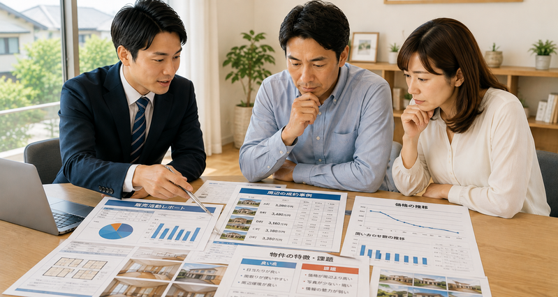販売データを見ながら売れない原因を分析する夫婦と営業担当者