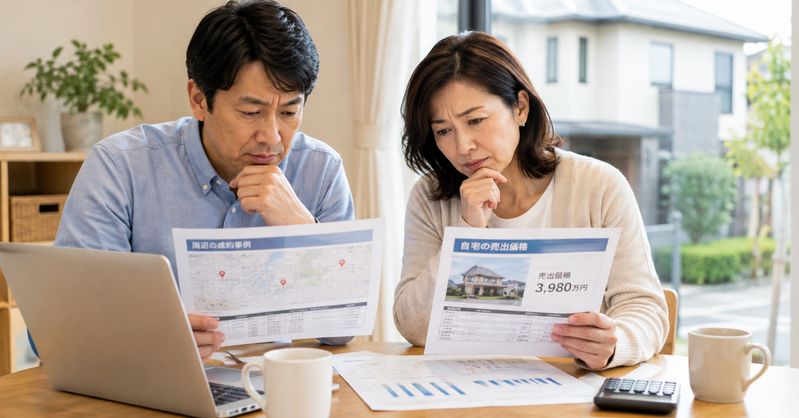 周辺相場と自宅の売出価格を比較する夫婦