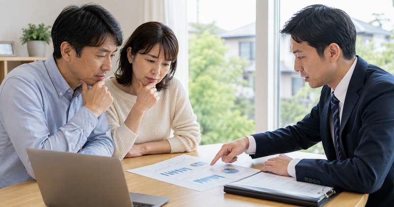 家の売却状況について問い合わせ件数や内覧件数の資料を確認する夫婦と不動産会社の営業担当者