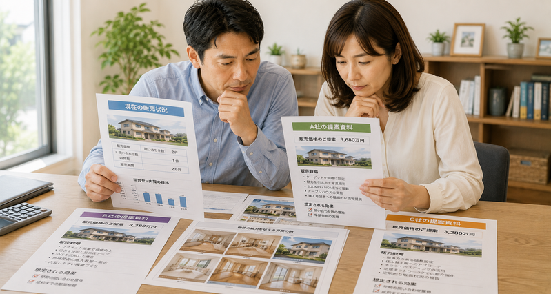 現在の販売状況と別会社の提案資料を比較する夫婦