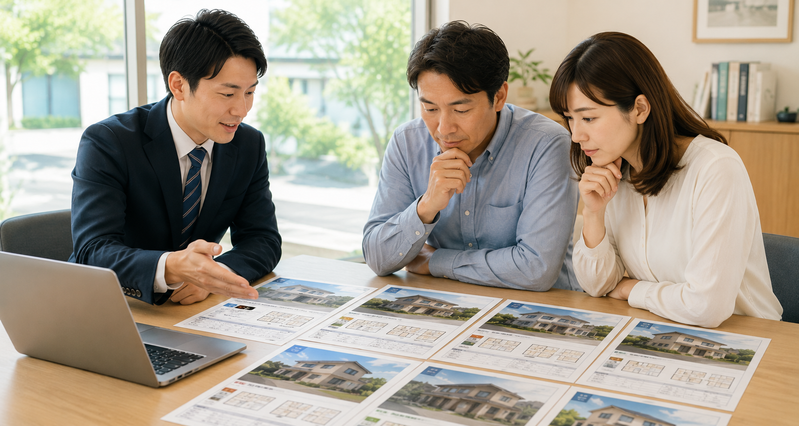 周辺で販売されている複数の住宅を比較する夫婦と営業担当者