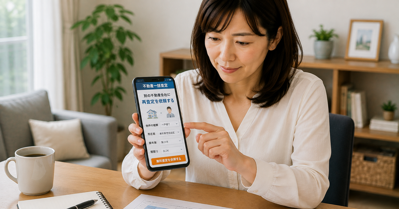 スマートフォンで別の不動産会社へ再査定を依頼する女性