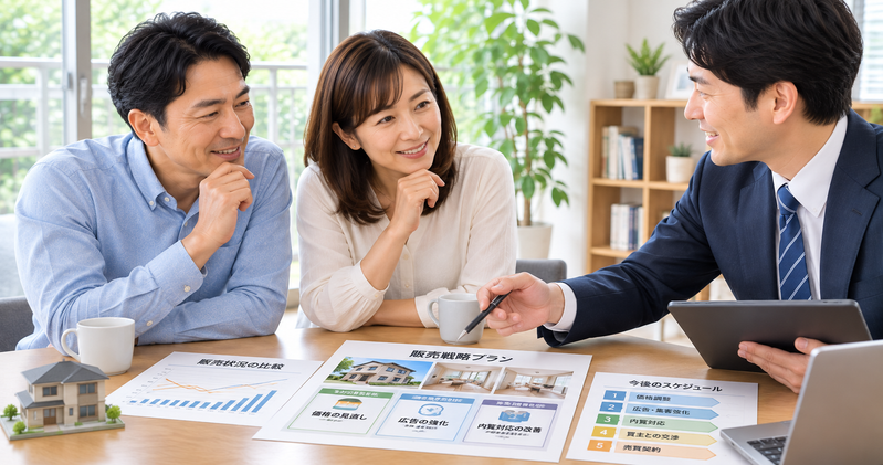 販売方法を見直し、家の売却に向けて前向きに相談する夫婦と営業担当者