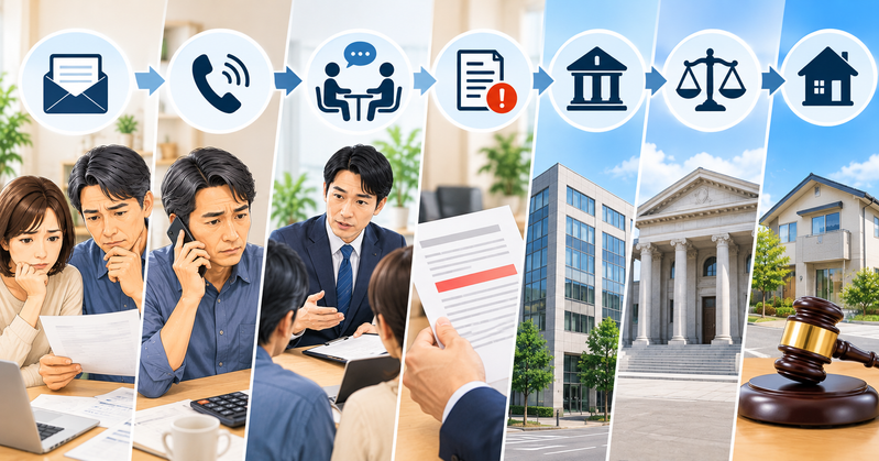 住宅ローンの返済に悩む夫婦が督促通知を確認し、金融機関への相談から競売手続きまでの流れを示したイメージ