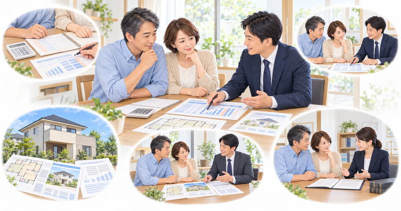 住宅ローンの返済について金融機関の担当者に相談し、家計の整理、返済相談、通常売却、任意売却、法律専門家への相談の5つの選択肢を確認する夫婦