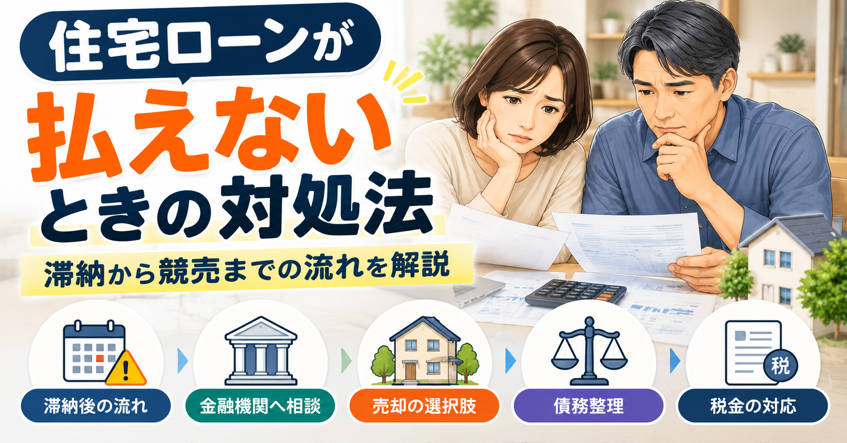 住宅ローンが払えず返済に悩む夫婦が書類を確認し、滞納から競売までの流れや金融機関への相談、売却などの対処法を考えるアイキャッチ画像