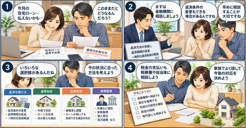住宅ローンの返済に悩む夫婦が金融機関へ相談し、返済条件の変更や通常売却・任意売却・債務整理を比較して今後の対応を決める4コマ漫画