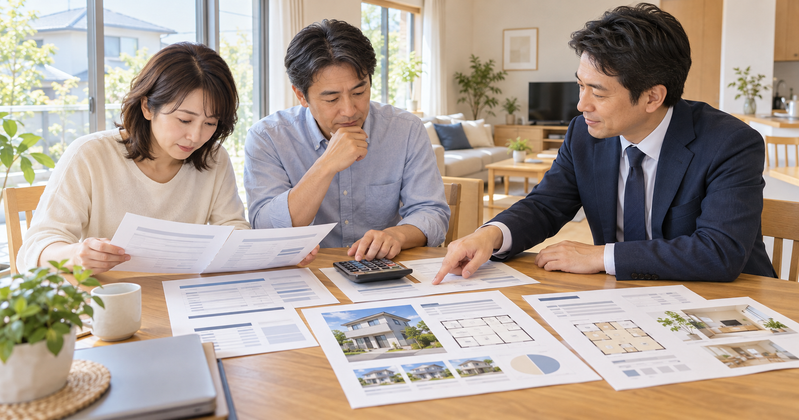 住宅ローンが残る自宅の売却を検討する夫婦が、不動産会社の担当者とローン残高、査定資料、売却費用を確認する様子