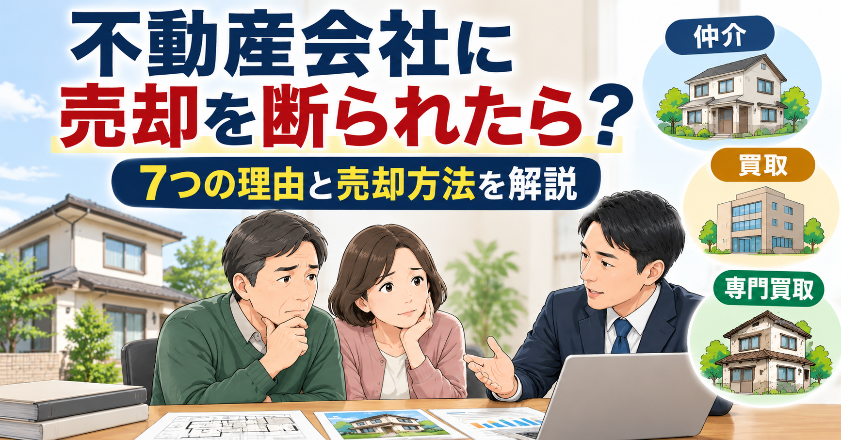 不動産会社に家の売却を断られた夫婦が、専門家に相談しながら売却できない7つの理由と仲介・買取・専門買取の方法を確認するイラスト