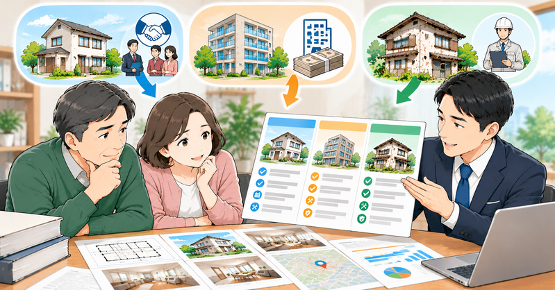 不動産会社に売却を断られた夫婦が、専門家から仲介・買取・訳あり不動産の専門買取について説明を受け、売却価格や契約条件、費用負担を比較しているイラスト