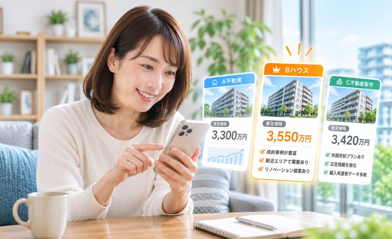マンション査定をスマートフォンで比較する女性