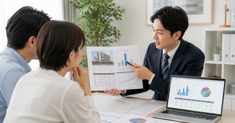 マンション価格と周辺相場を比較する営業担当者