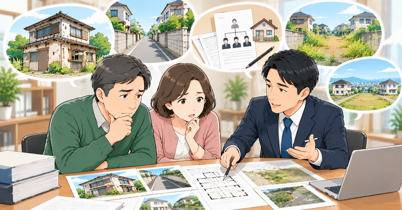 不動産会社に売却を断られた夫婦が、住宅図面や登記資料、土地の接道状況、建物の老朽化などを専門家と確認し、売却できない理由を整理しているイラスト
