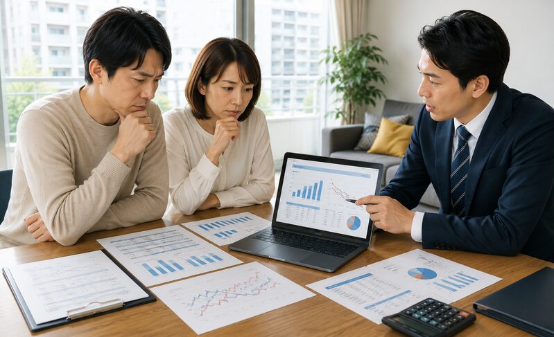 販売データを見ながら売れない原因を分析する夫婦と営業担当者