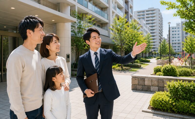 マンションの共用部や周辺環境を説明する営業担当者