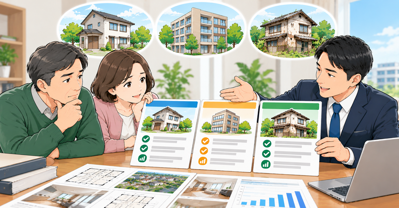 不動産会社に売却を断られた夫婦が、専門家と一緒に仲介・不動産買取・訳あり物件の専門買取を比較し、住宅図面や売却条件を確認しているイラスト