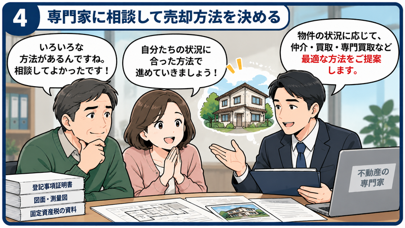 不動産会社に売却を断られた40〜50代の夫婦が、不動産の専門家に相談し、住宅図面や登記資料を確認しながら仲介・買取・専門買取の売却方法を検討する場面