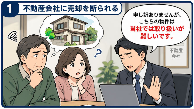 不動産会社の担当者から家の売却を断られ、戸惑いながら説明を聞く40〜50代の日本人夫婦