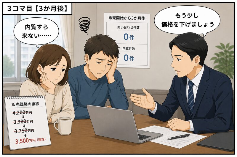 値下げを繰り返し、夫婦は疲弊。

妻
「内覧すら来ない……」
営業担当者
「もう少し価格を下げましょう」
消沈する夫婦