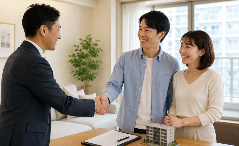 マンション売却を終え営業担当者と握手する夫婦