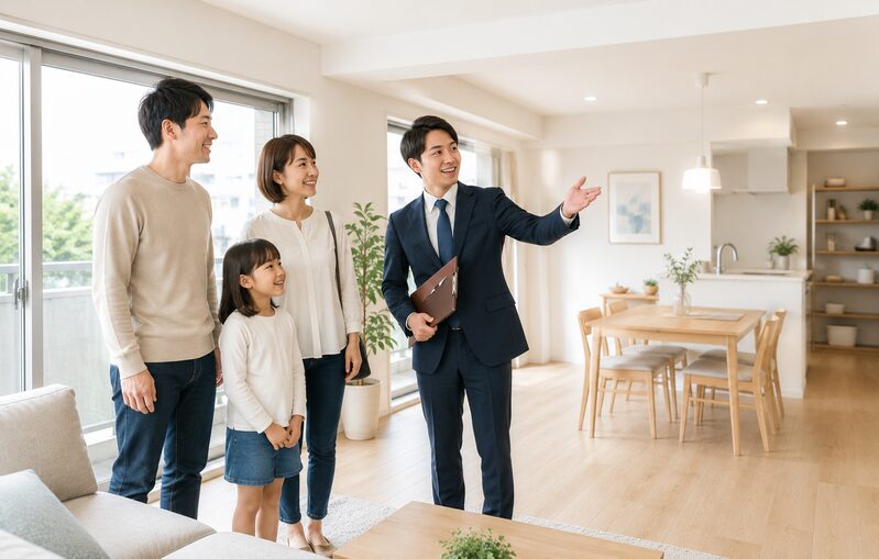 明るく整理されたマンションを内覧する家族